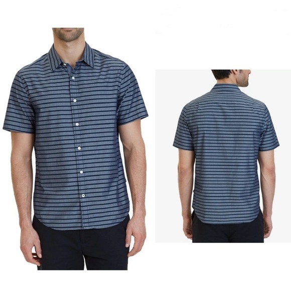 𝅺NWOT NAUTICA Classic Fit Vertical Stripe Maritime Navy Short Sleeve Button Down - Picture 1 of 15
